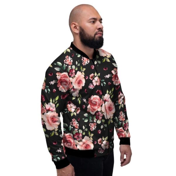 Black Pink Rose Flower Print Men’s Bomber Jacket