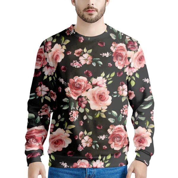 Black Pink Rose Flower Print Men’s Sweatshirt